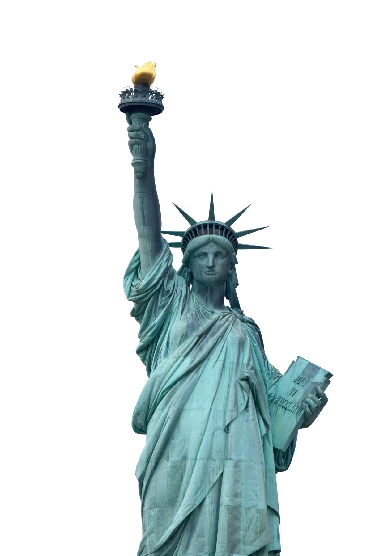 The Statue of Liberty, its copper skin weathered to green verdigris, against an open sky.