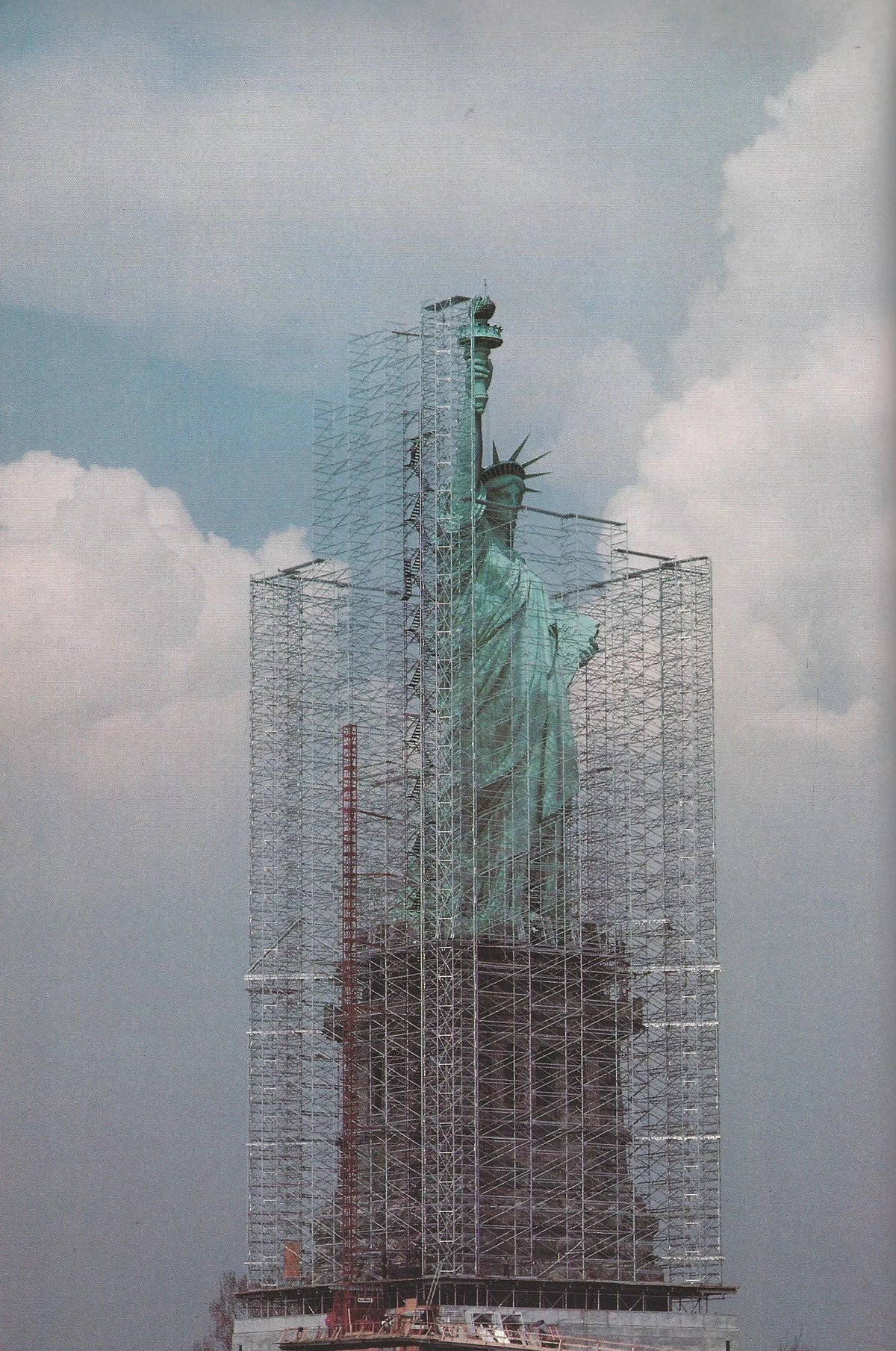 The Statue of Liberty encased in scaffolding during the 1984-1986 federal restoration.