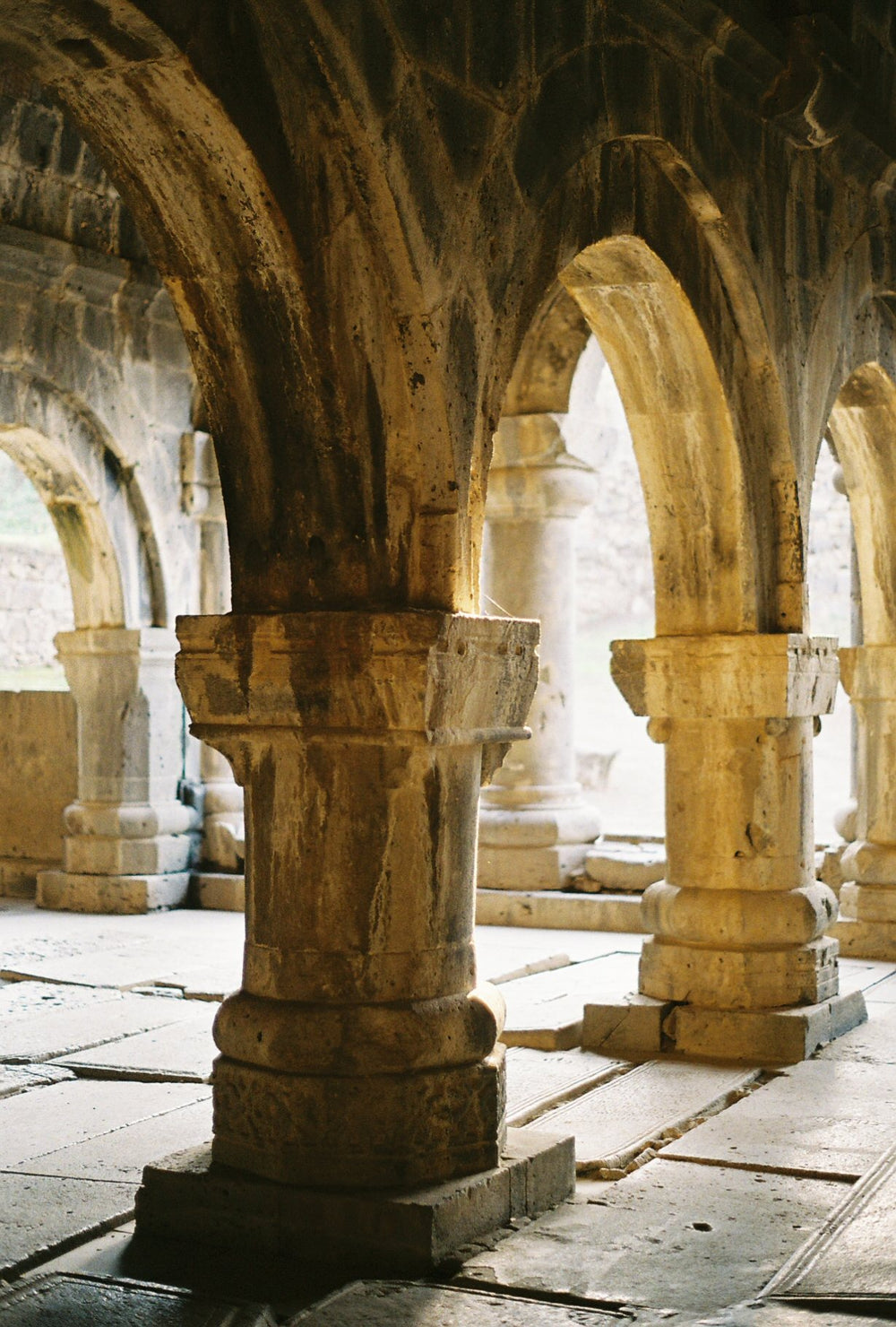 Carved stone arches inside a medieval Armenian monastery