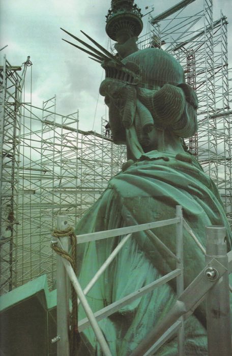 The Statue of Liberty in scaffolding during the 1984–86 restoration