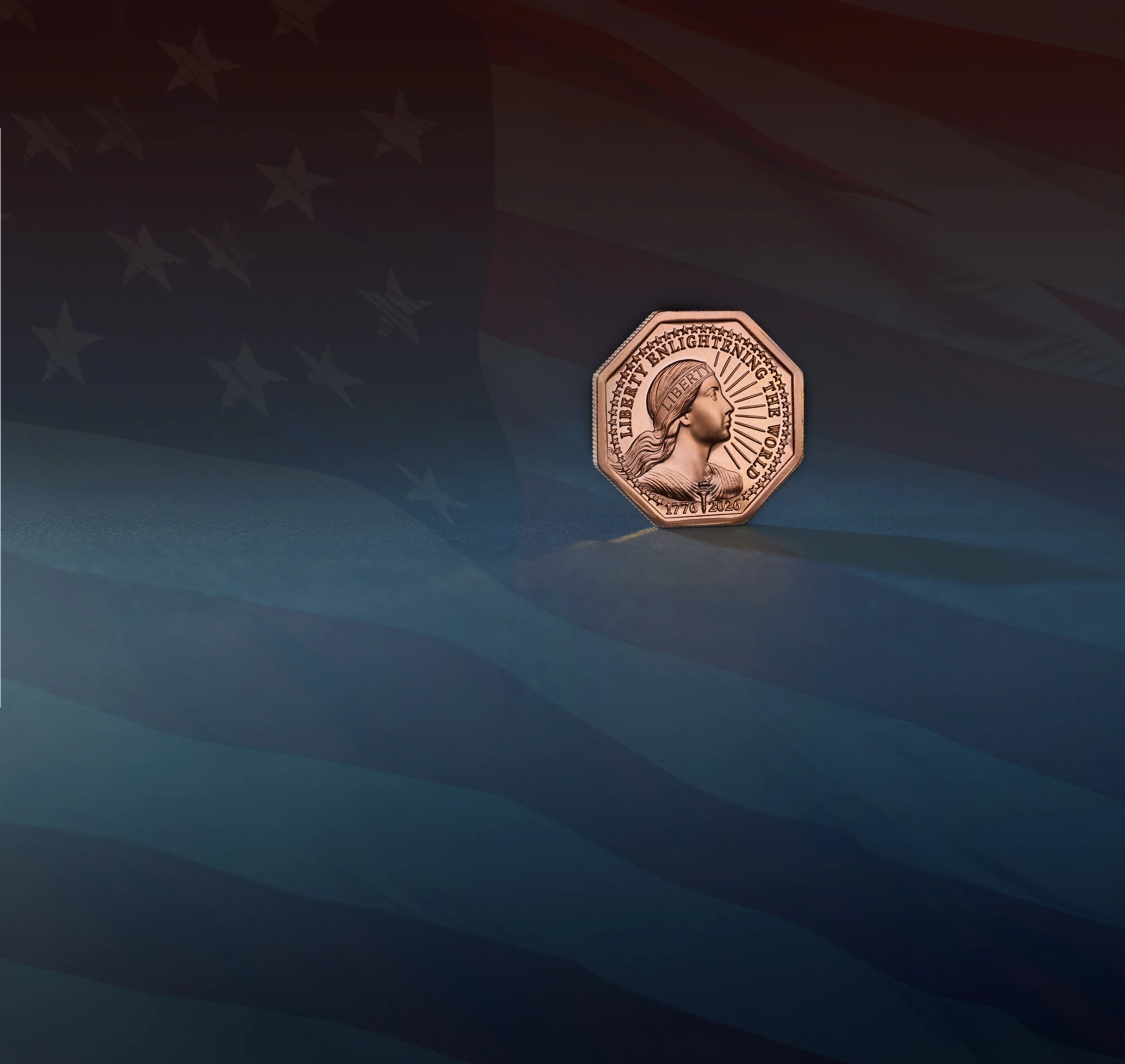 Real Liberty Copper coin on American flag — authentic 1886 Statue of Liberty copper