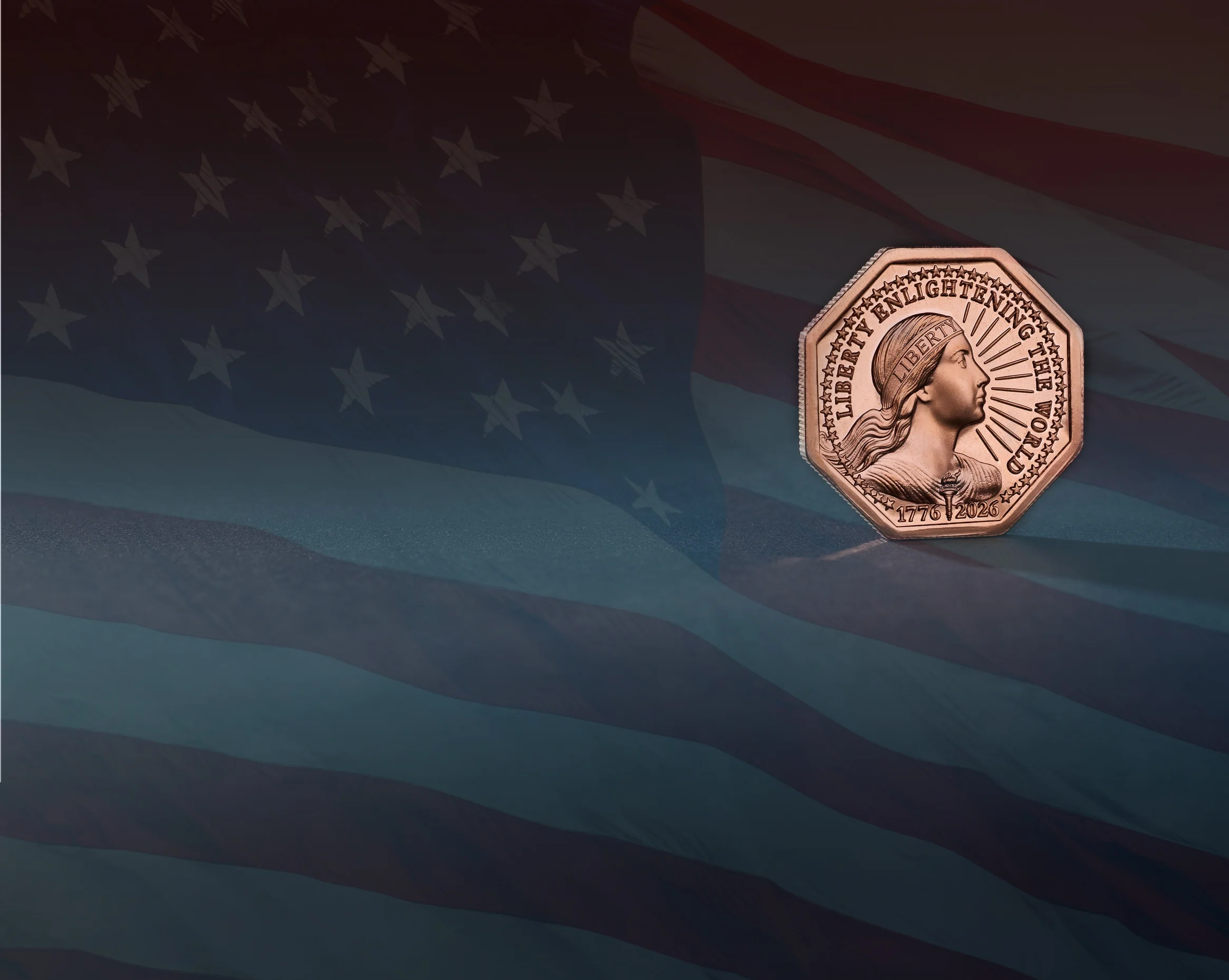 Real Liberty Copper coin on American flag — authentic 1886 Statue of Liberty copper